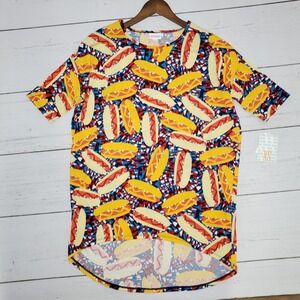 LuLaRoe Irma Tunic Top XS New Hot Dog Food Print High Low Short Sleeve‎ Shirt